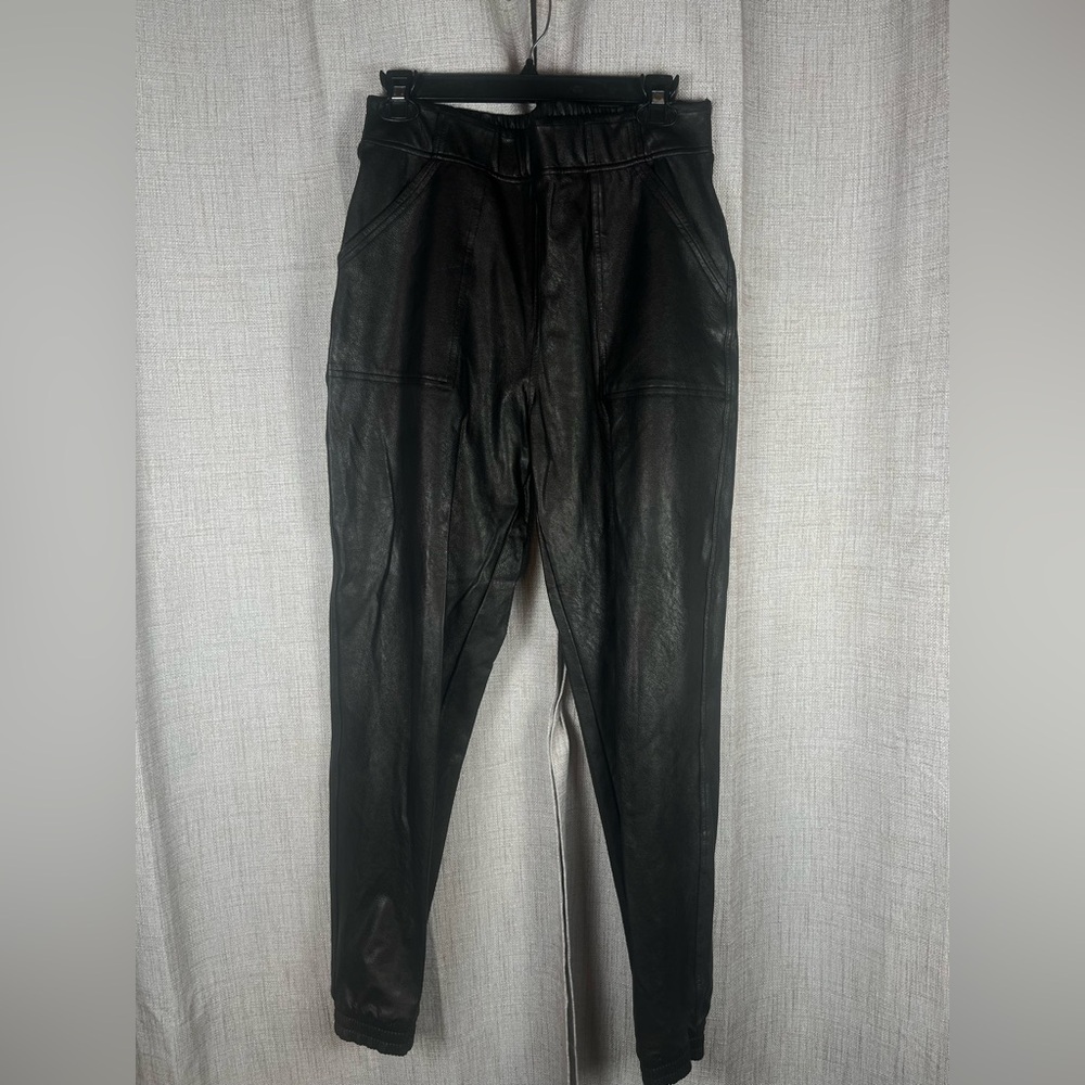 SPANX Joggers Black Faux Leather Vegan Pull On Pants Pocket Size Medium